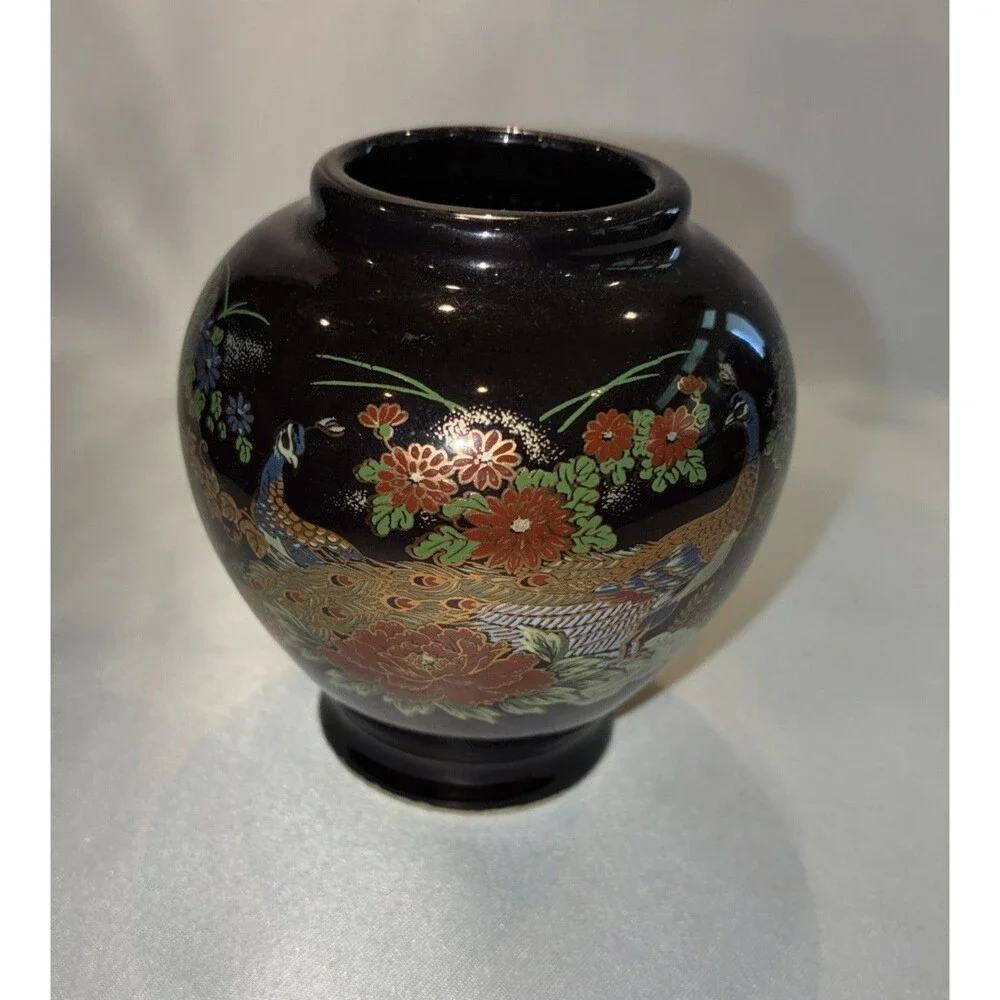 Mino Toki Japan Black Porcelain Mini Vase Peacock Chrysanthemum Gold 3